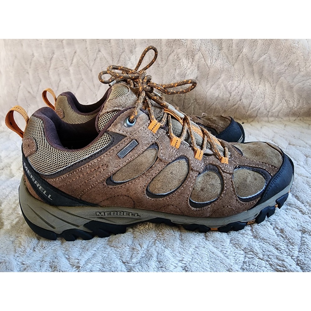 Merrell Waterproof Hiking Shoes Mens 11 Brown Orange Suede Mesh Trail Sneakers